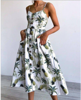 Summer Pineapple Floral Backless Spaghetti Strap Button Down Dress with Pockets
