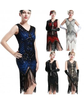 Vintage 1920s Flapper Dress Womens Gatsby Sequins Fringes Cocktail Party Dresses